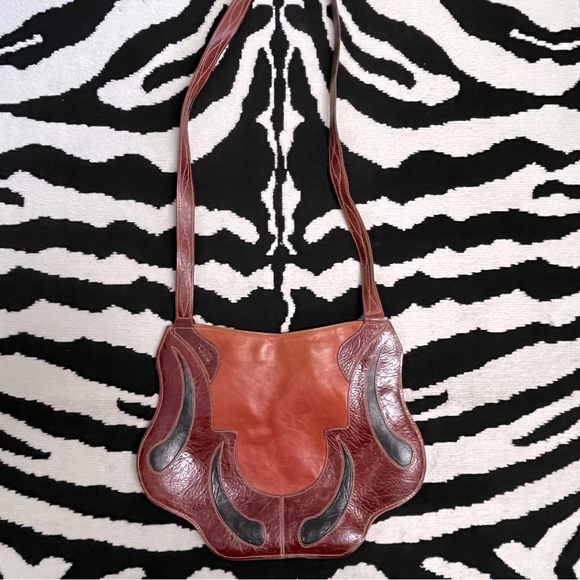 Vintage Boho Leather Inlay Leather Design Hippie Saddle Bag Crossbody Purse - Picture 3 of 13